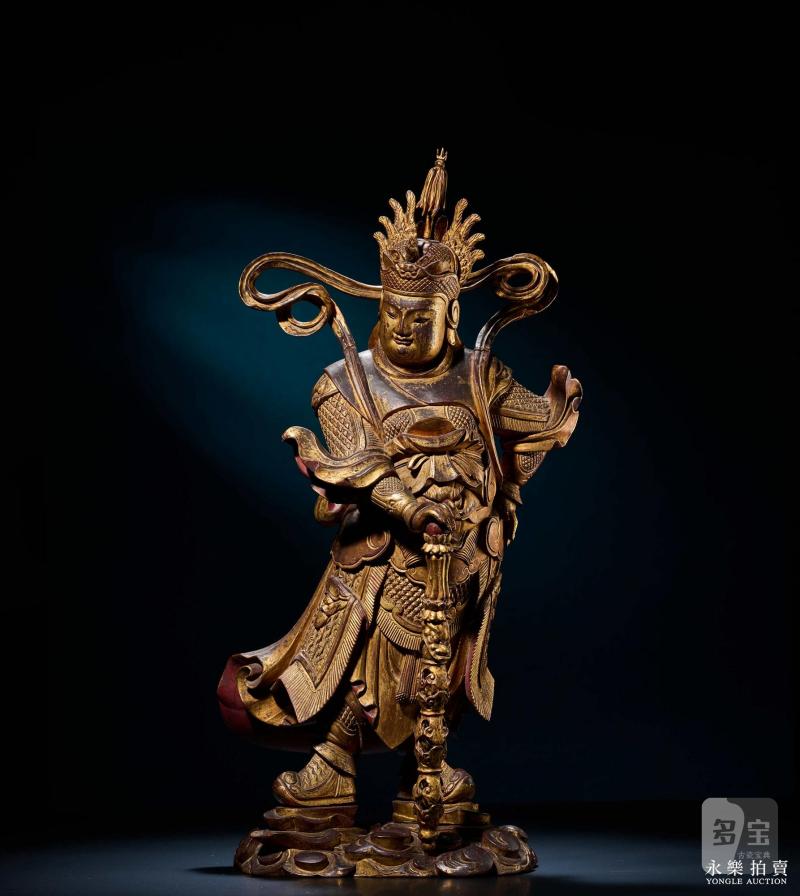 清乾隆 （宫廷）木雕漆金韦陀立像 - 图3